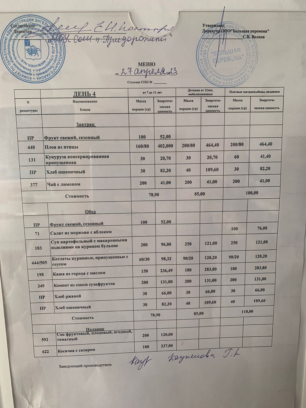 Меню 27.04.2023