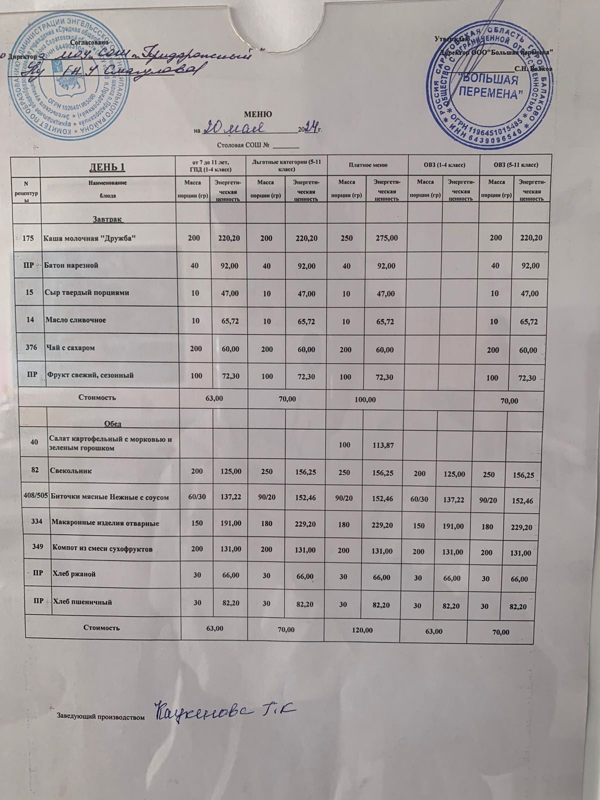 Меню 20.05.2024