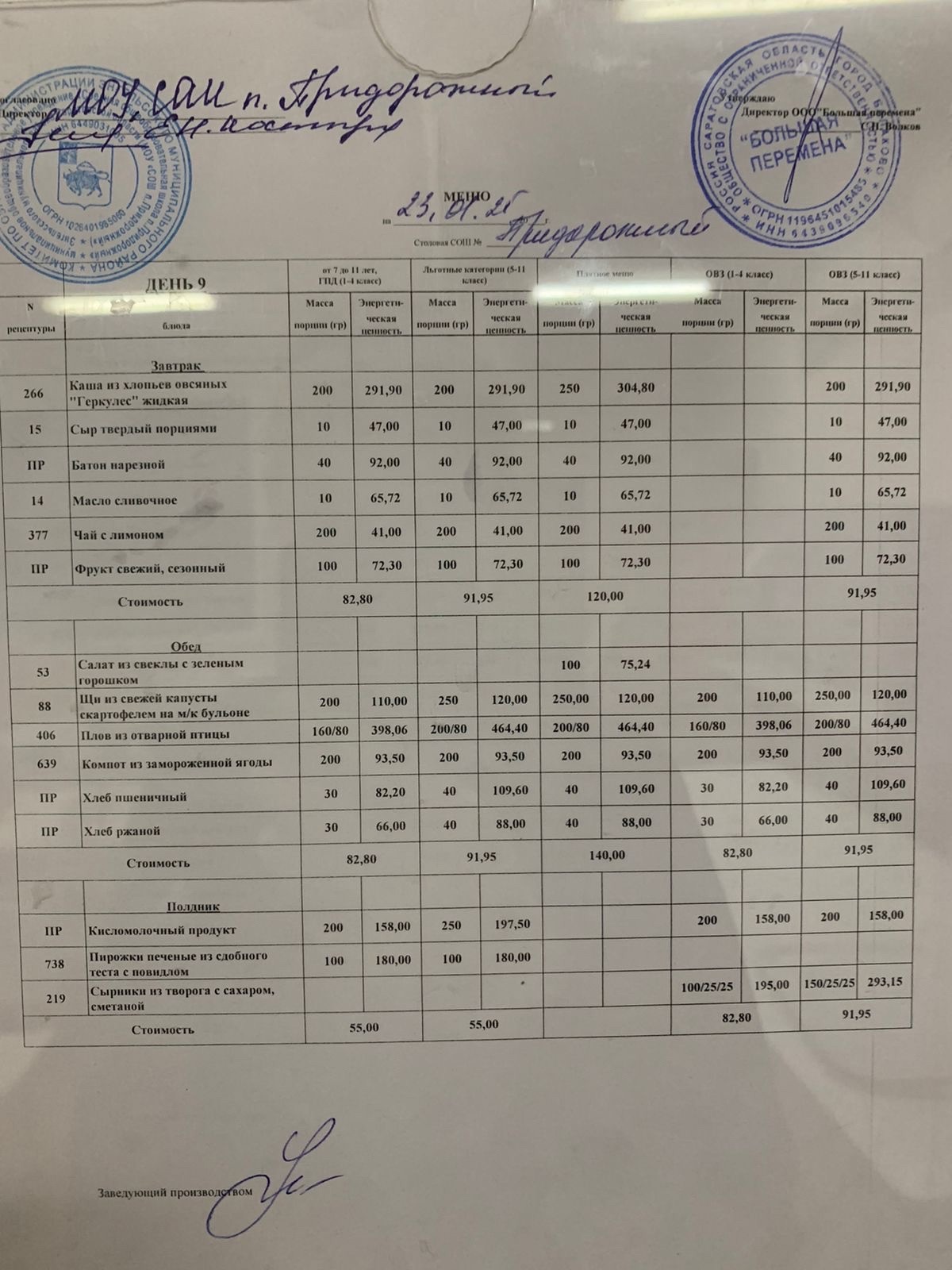Меню 22.01.2025