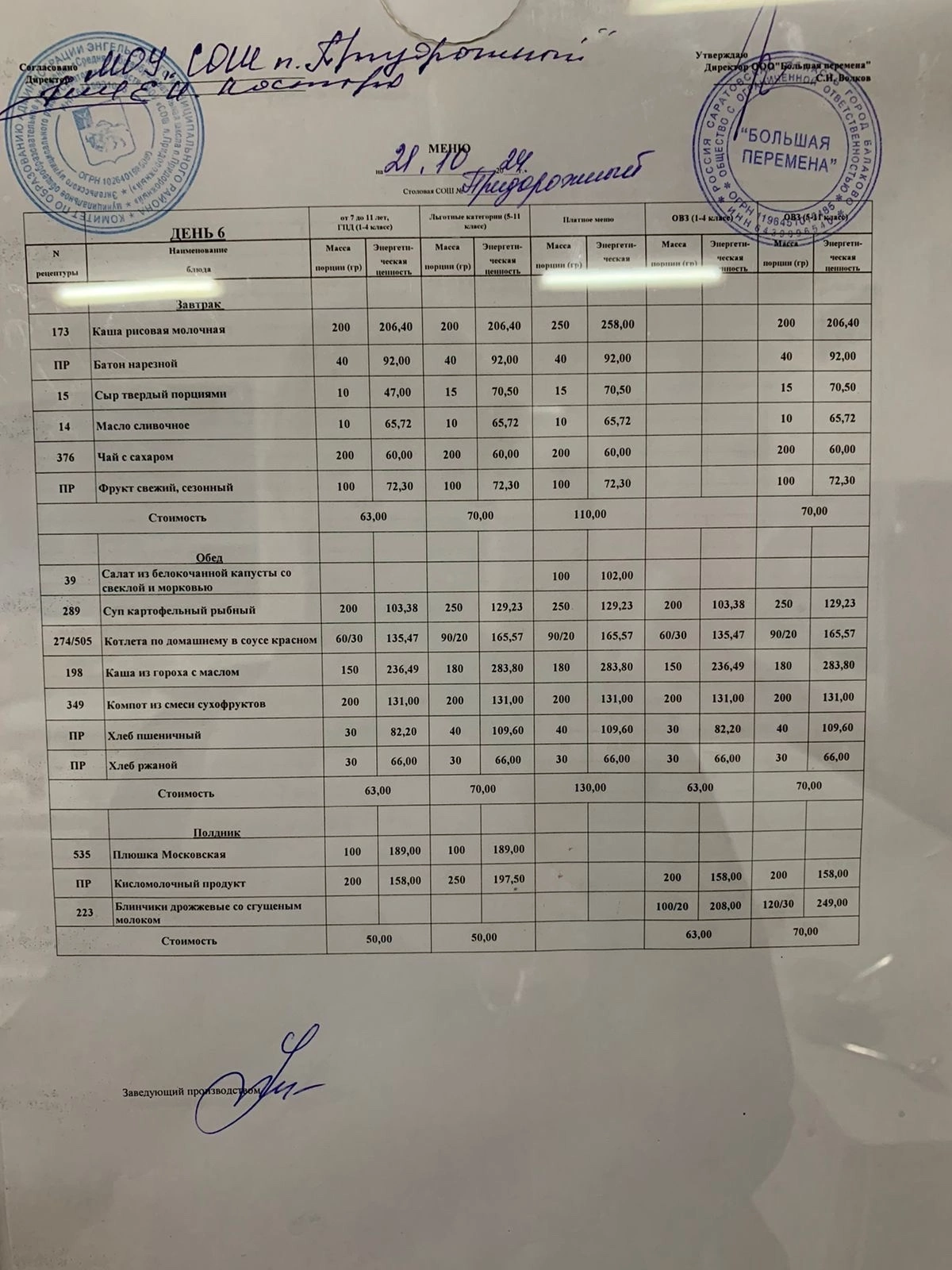 Меню 21.10.2024