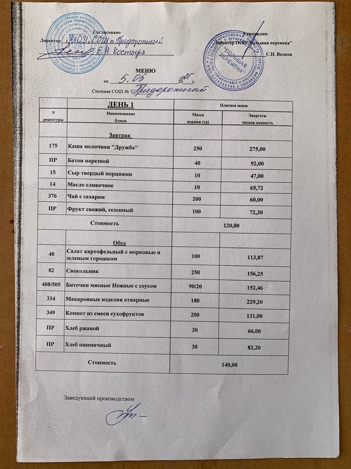 Меню 05.05.2025