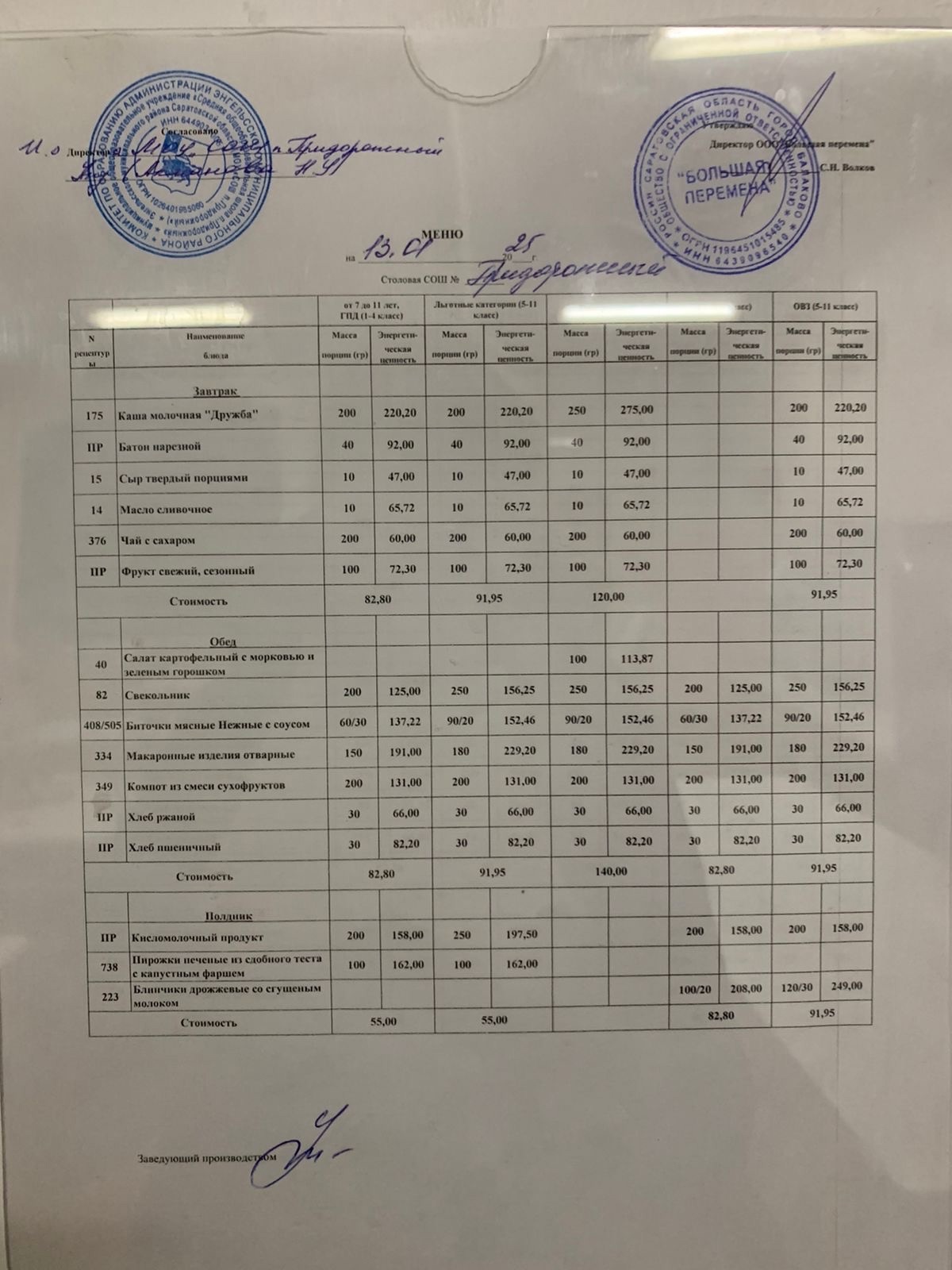 Меню 13.01.2025