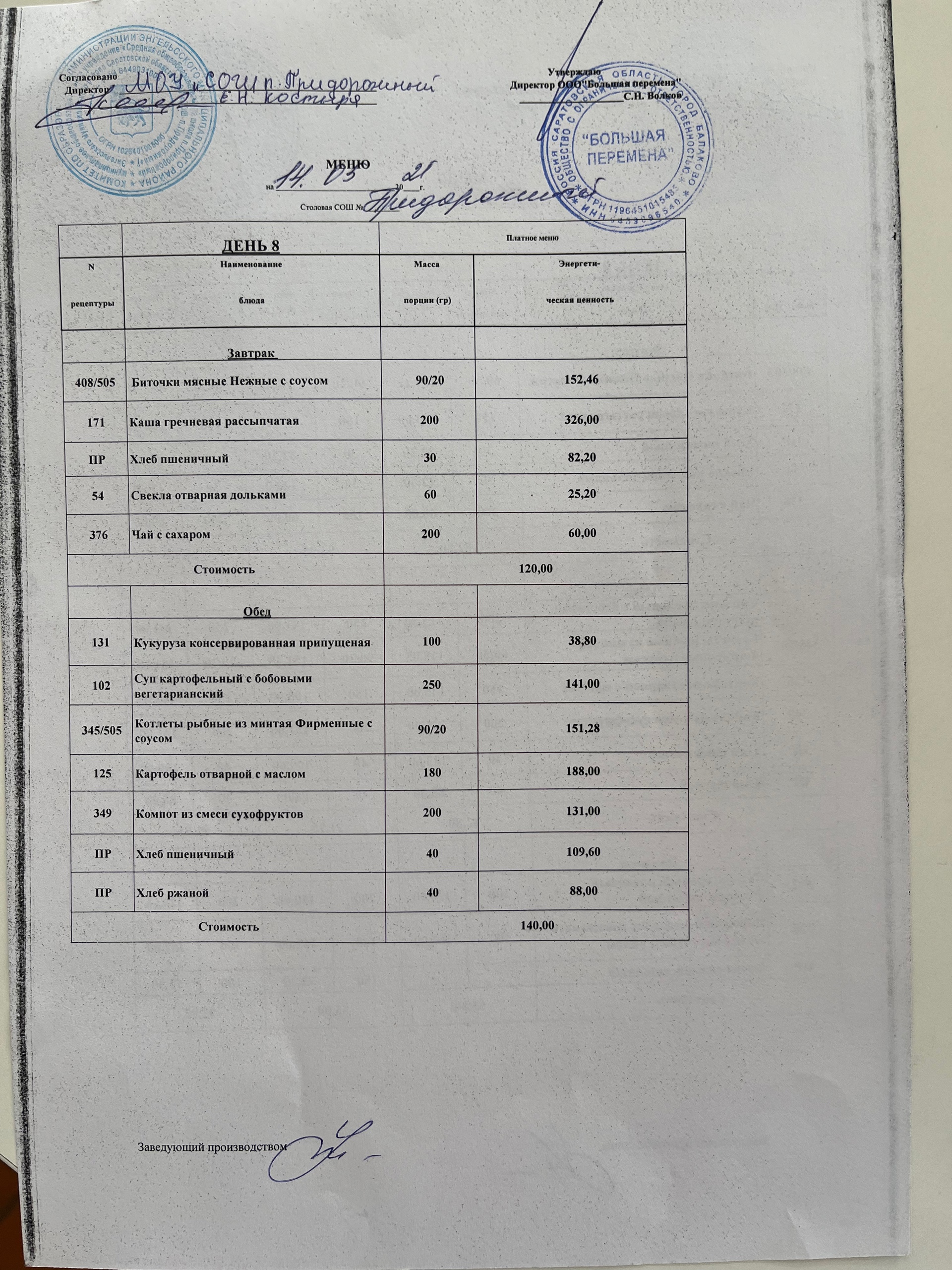 Меню 14.05.2025