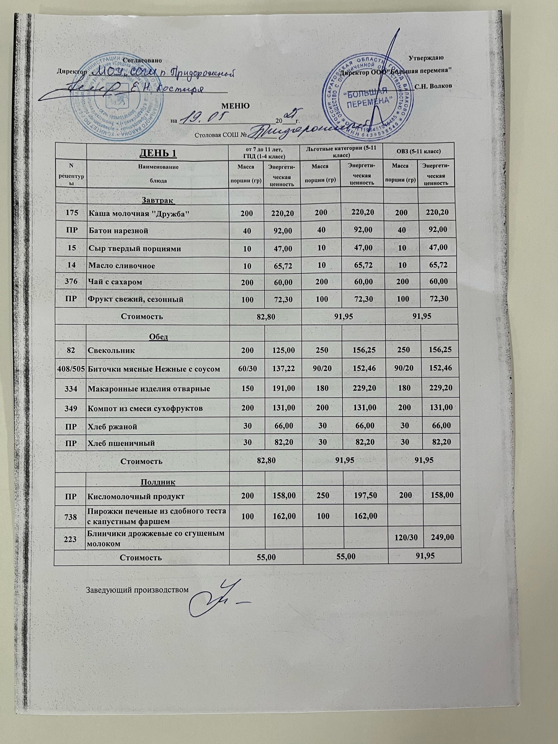 Меню 19.05.2025