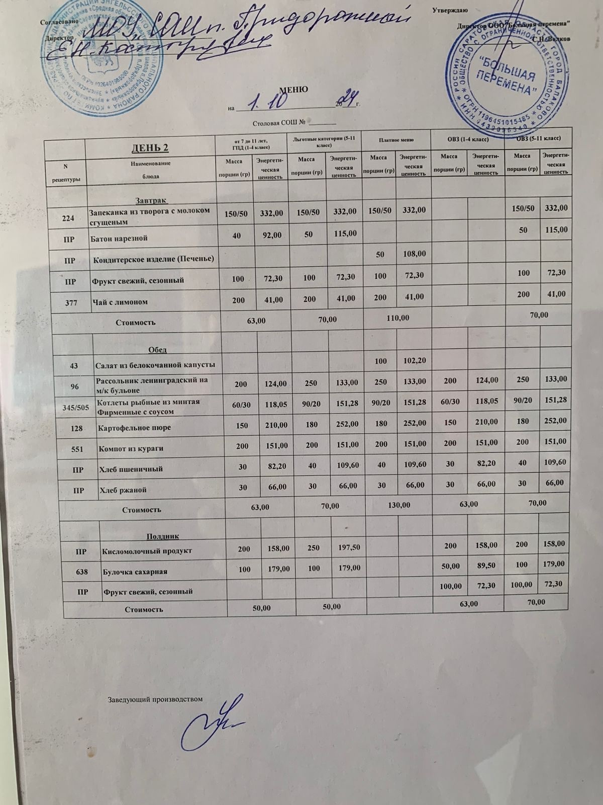 Меню 01.10.2024